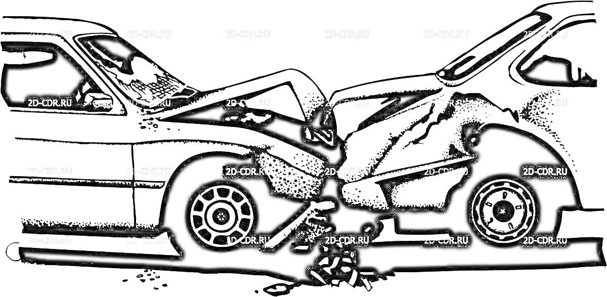 Раскраска Две машины, столкнувшиеся лоб в лоб, повреждения передних частей автомобилей, обломки на земле