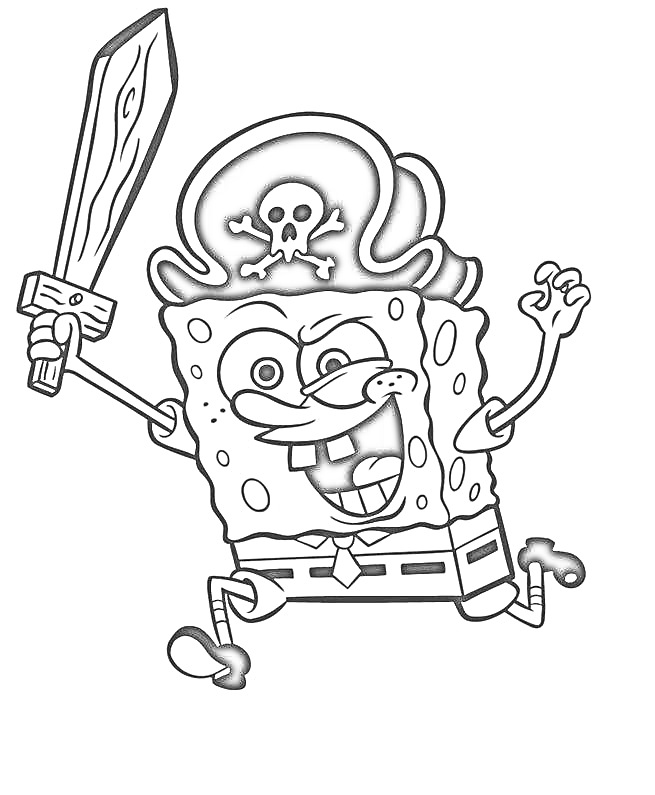 Раскраска Губка Боб в пиратском костюме с мечом