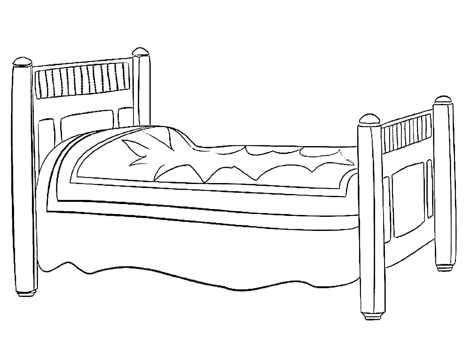 На раскраске изображено: Одеяло, Мебель, Спальня, Кровати