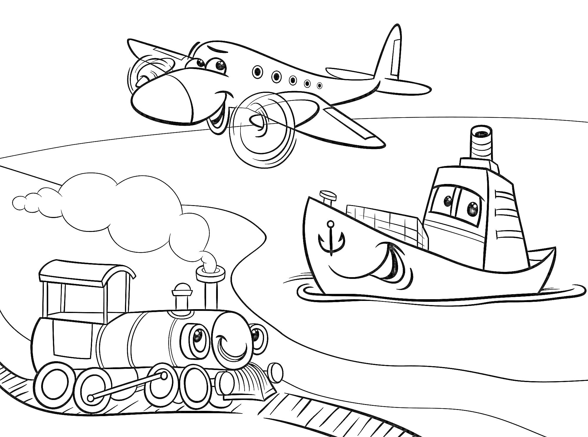 На раскраске изображено: Транспорт, Корабль, Паровоз, Улыбка