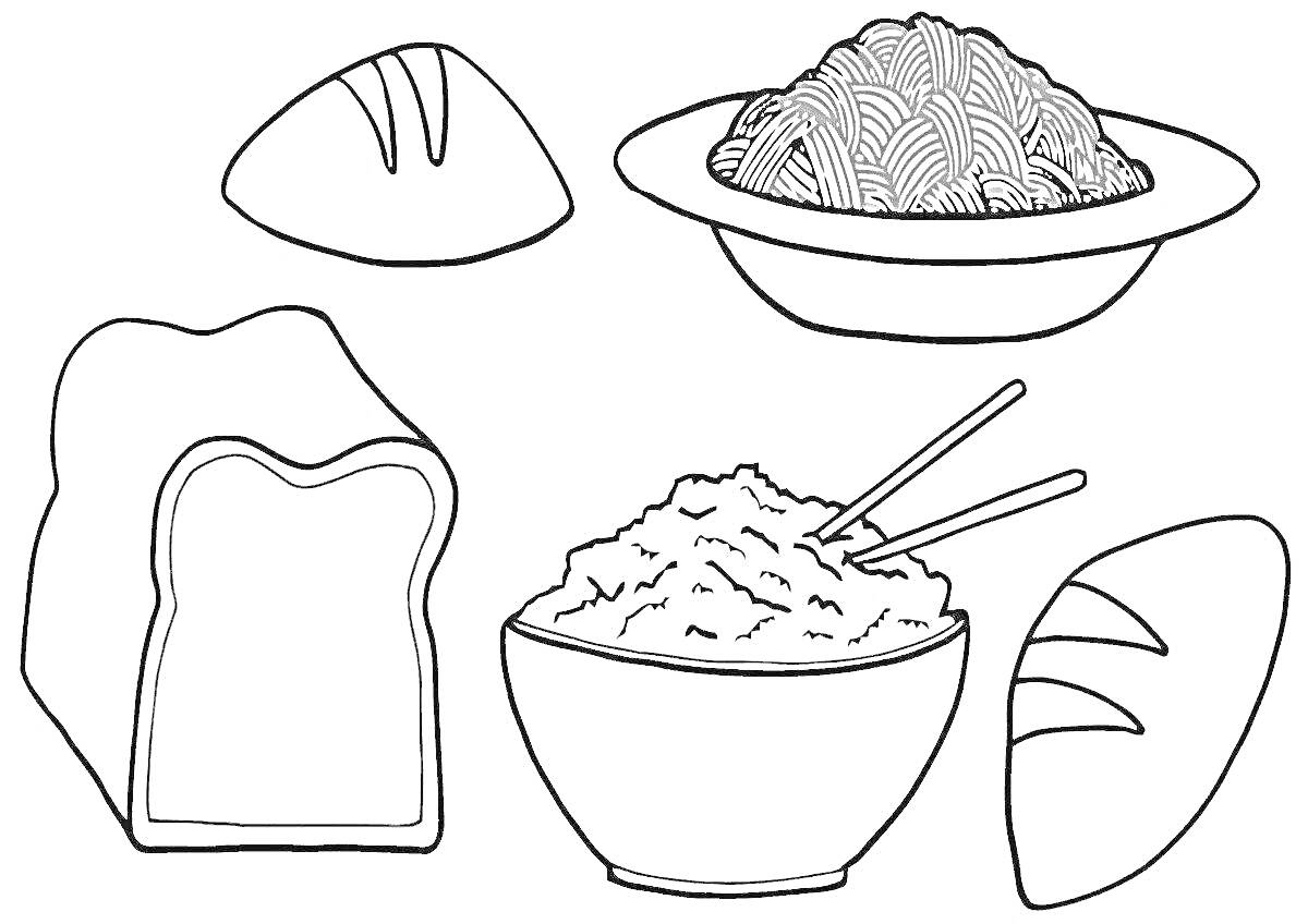 На раскраске изображено: Полезная еда, Хлеб, Макароны, Миска, Рис, Палочки для еды, Еда