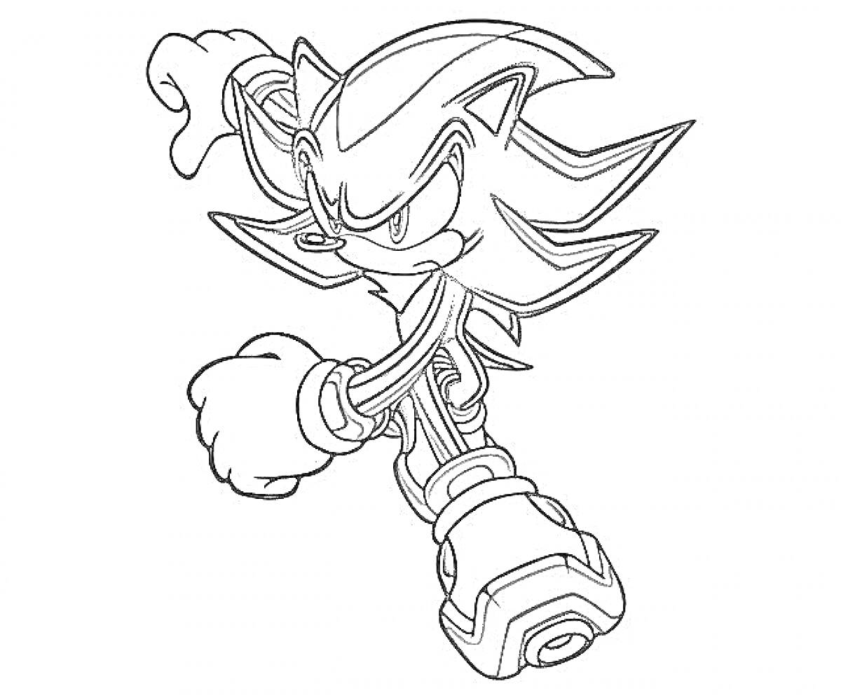 Раскраска Shadow the Hedgehog, персонаж бежит с поднятой рукой