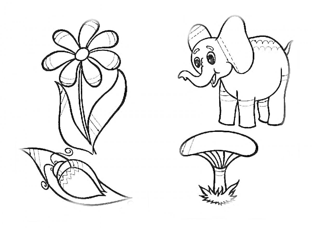 Раскраска Цветок, экзотическая птица, гриб и слон