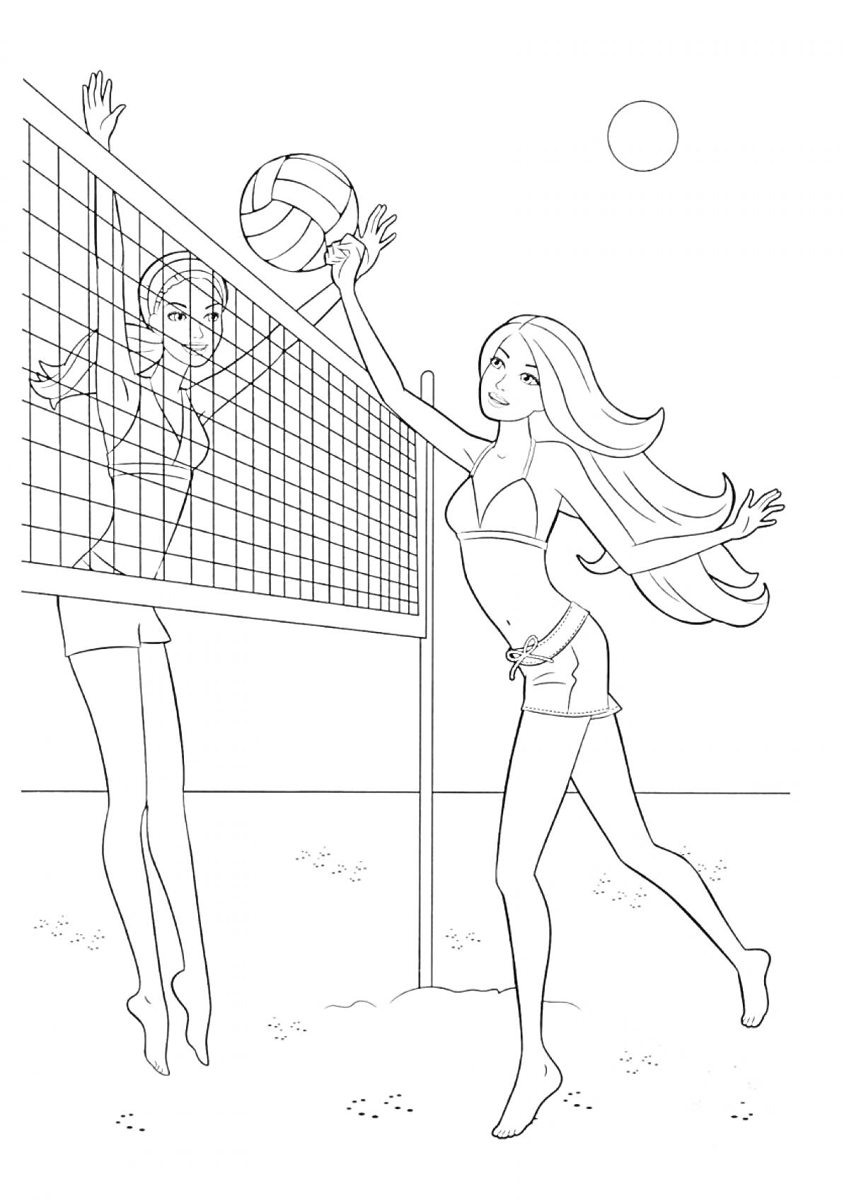На раскраске изображено: Волейбол, Сетка, Пляж, Солнце, Спорт, Игра, Лето, Девочка, Мячи