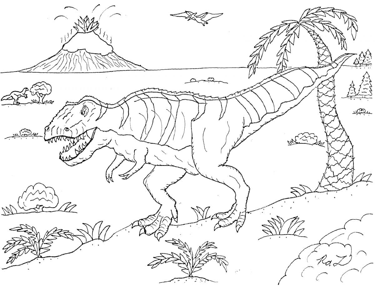 Раскраска Аллозавр на фоне вулкана с пальмой, птерозавром и кустами