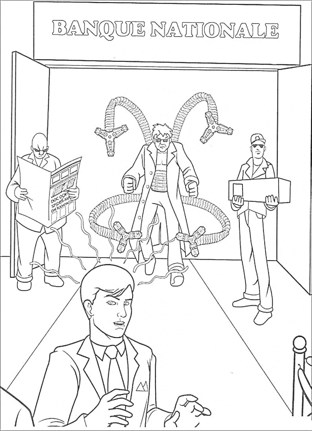 На раскраске изображено: Доктор октавиус, Банк, Охранники, Преступник