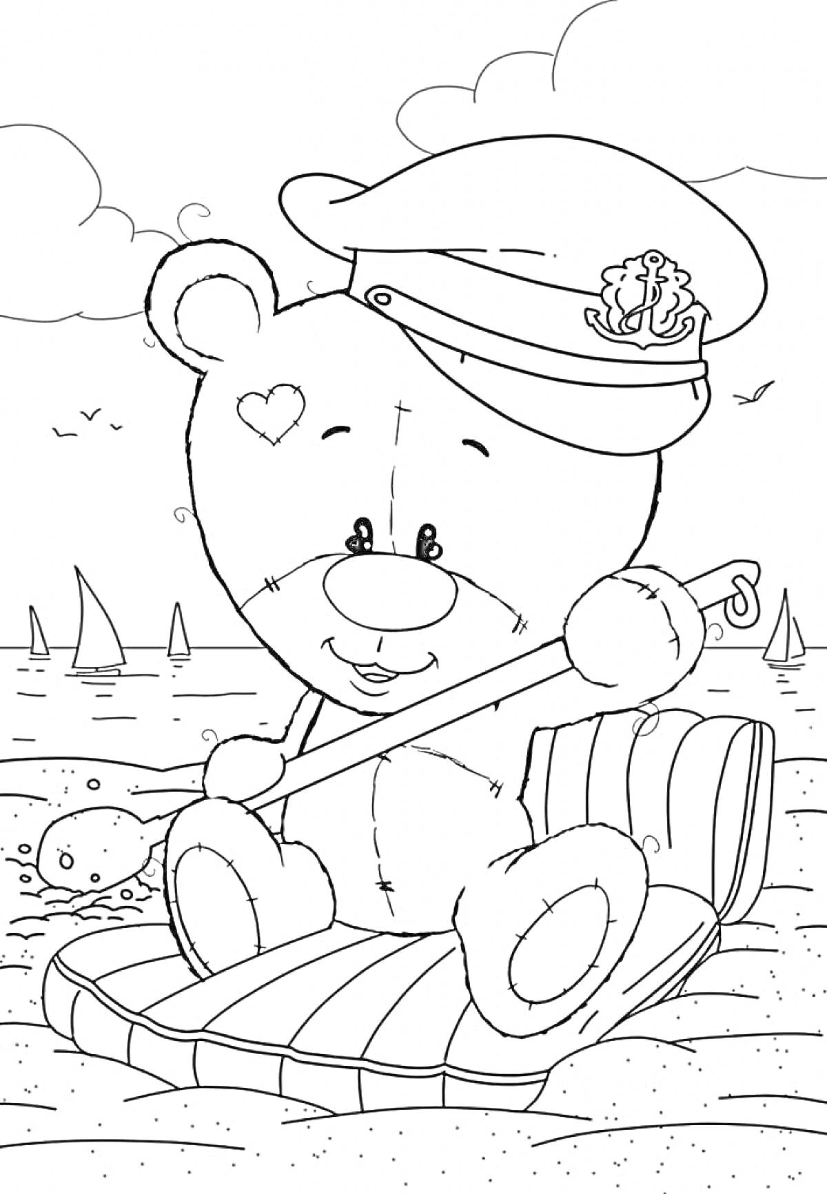 На раскраске изображено: Мишка Тедди, Пляж, Удочка, Море, Солнце, Песок, Для детей, Корабль