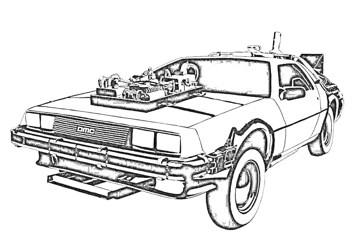На раскраске изображено: Делориан, Ретро, Научная фантастика, Модификации