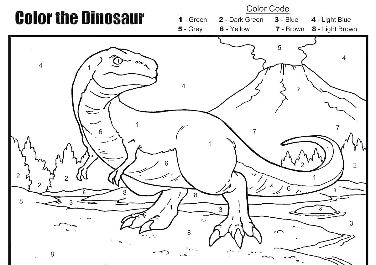 На раскраске изображено: Динозавр, Вулкан, Деревья, Цифры, Зеленый, Темно-зеленый, Голубой, Желтый