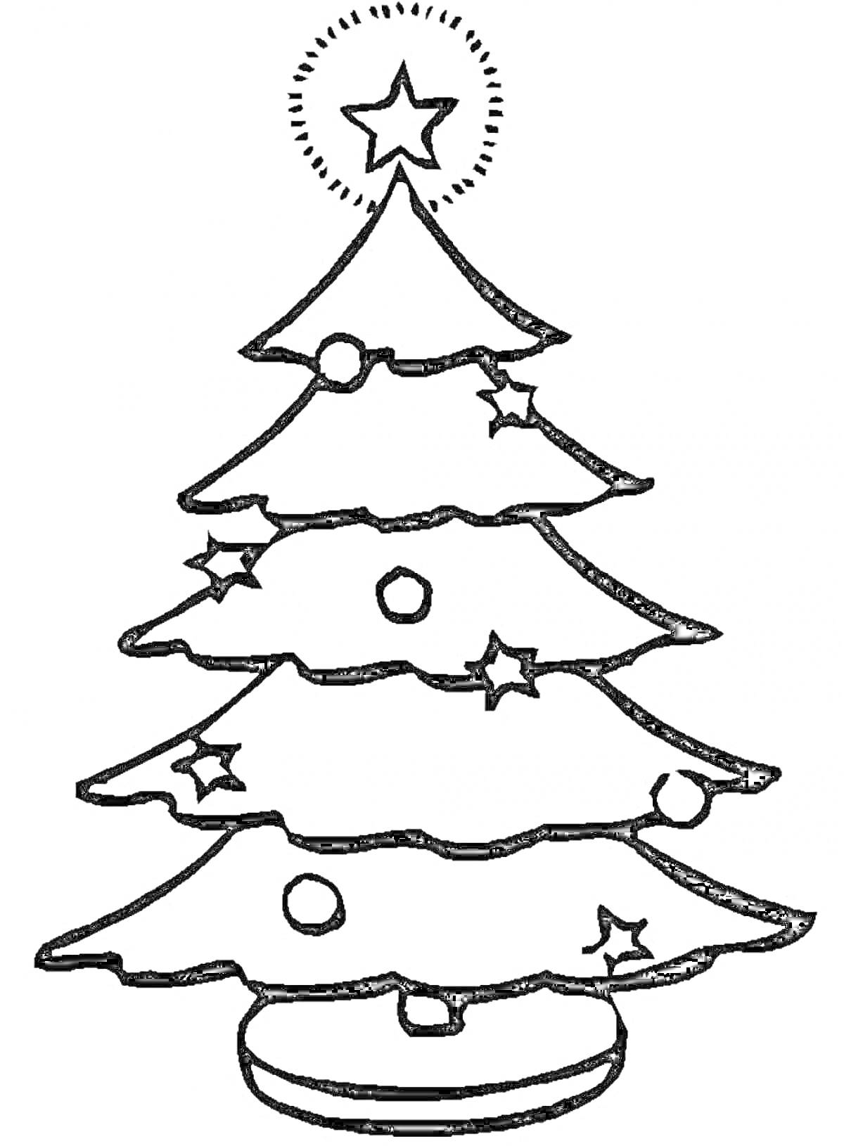 Раскраска Новогодняя елка с круглыми и звездными украшениями, с большой звездой на вершине и стоящая на подставке.