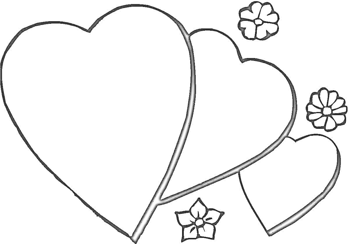 РаскраскаСердца и цветы, три сердца, четыре цветка