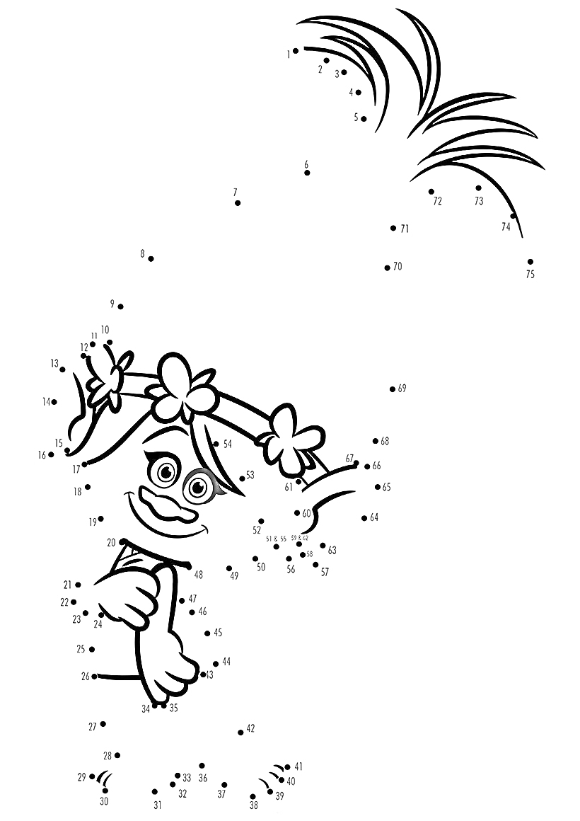 Раскраска Тролли - раскраска по точкам с изображением тролля с цветами на волосах