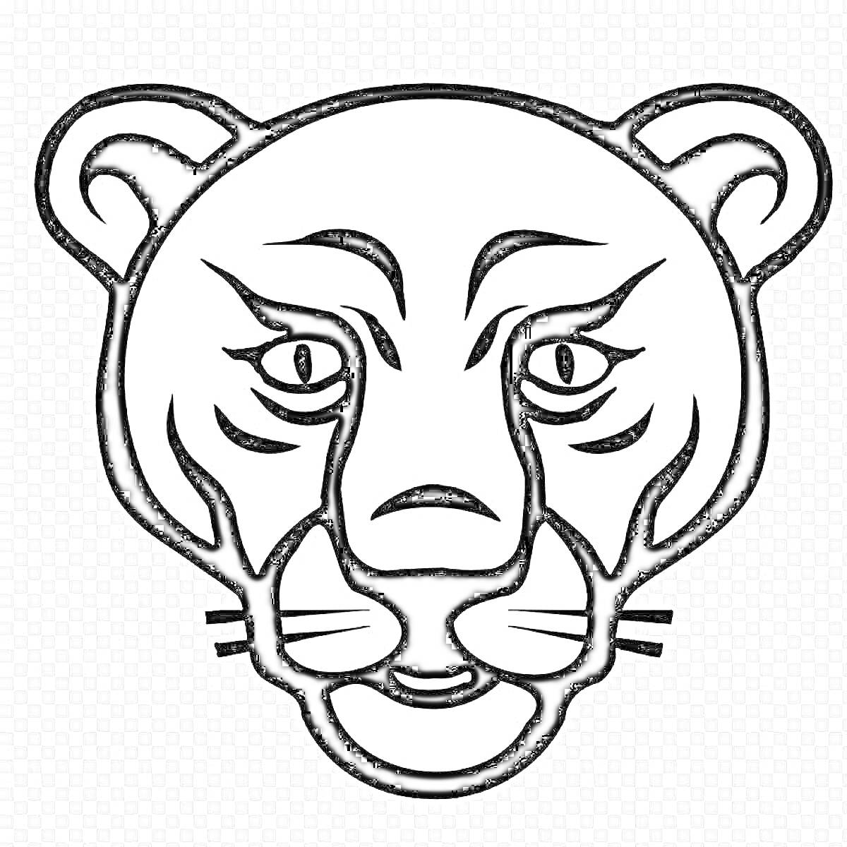 Раскраска Раскраска с изображением морды льва с ушами, глазами, носом и усами