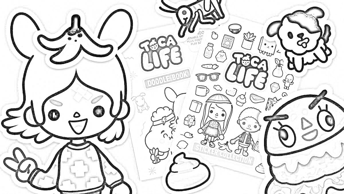 Раскраска Персонажи и предметы из Toca Life, на изображении персонаж с бананом на голове, мультяшный гамбургер, плюшевый щенок, раскраски 