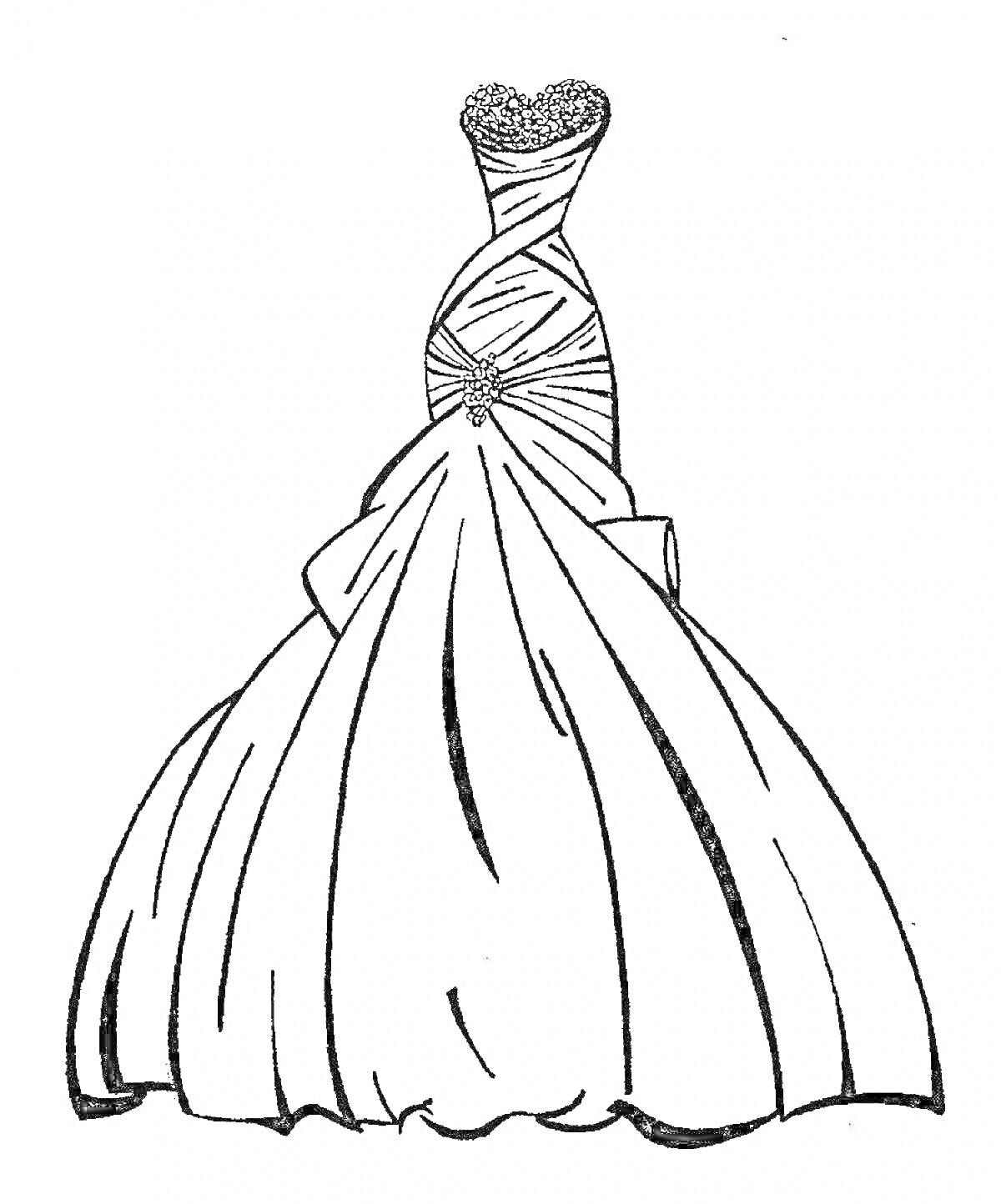 Раскраска Пышное платье без бретелек с корсетом, украшенным бусинами, и бантом на талии