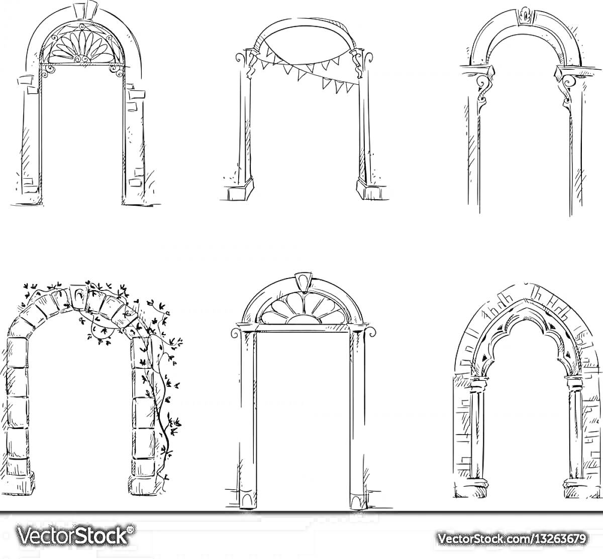 Раскраска Набор арок с декоративными элементами: арка с веерообразным орнаментом в верхней части, арка с флажками, арка с колоннами и декоративной верхней частью, арка с растительным орнаментом, арка с веерообразным орнаментом, арка с готическими элементами.