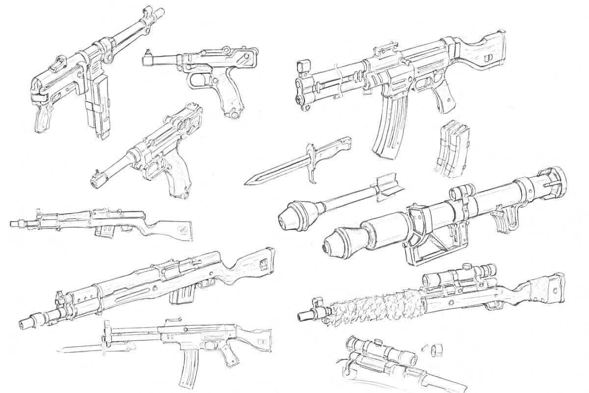 Раскраска Изображения различных видов оружий: пистолеты, автоматы, винтовки, штык-нож, гранатомет и патроны