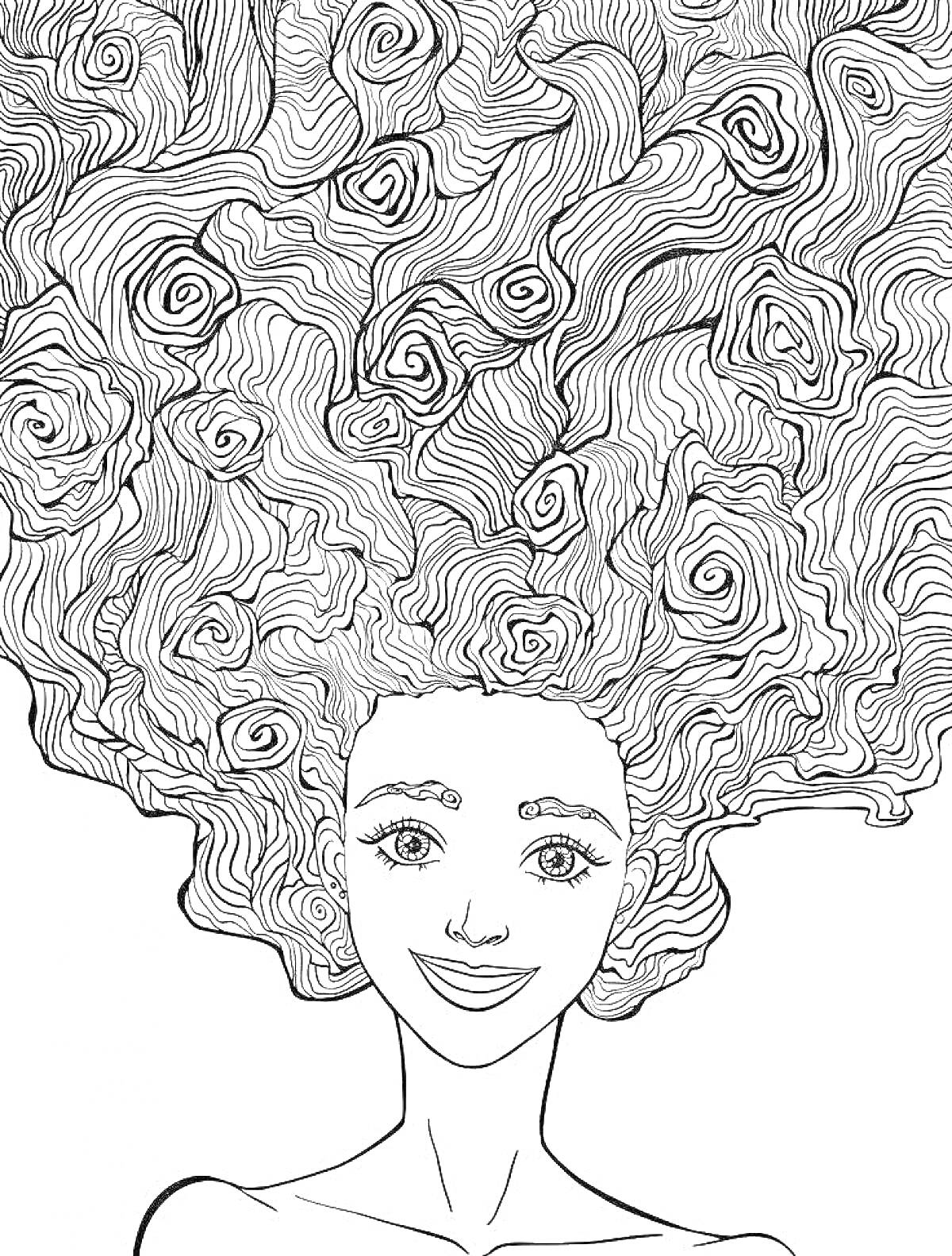 Девушка с длинными вьющимися волосами, которые заполняют верхнюю часть изображения, в антистресс стиле