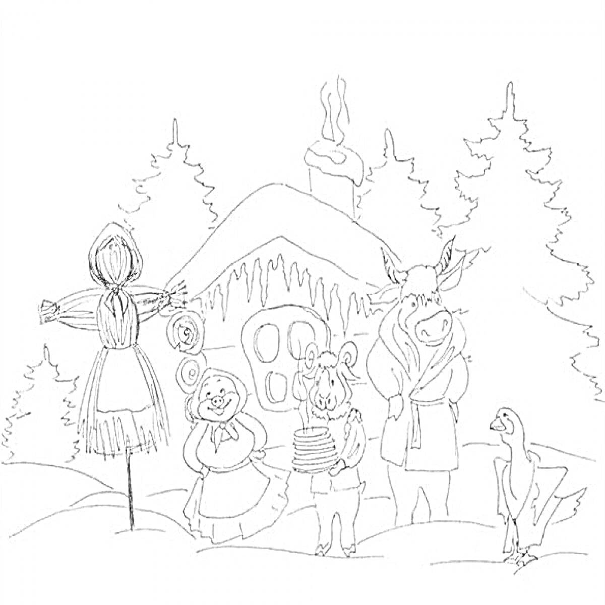 Раскраска Чучело Масленицы, два ребенка в национальных костюмах, корова, гусь, дом в лесу