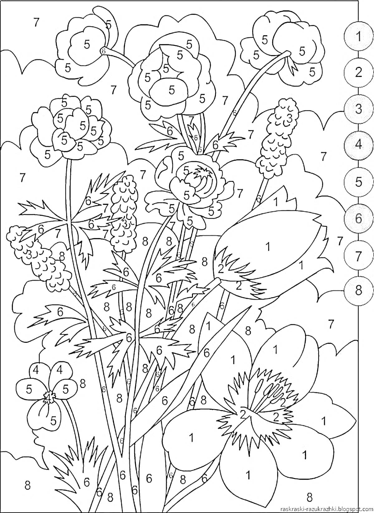 На раскраске изображено: По номерам, Полевые цветы, Цветы, Для детей, Творчество, Хобби, Букет цветов