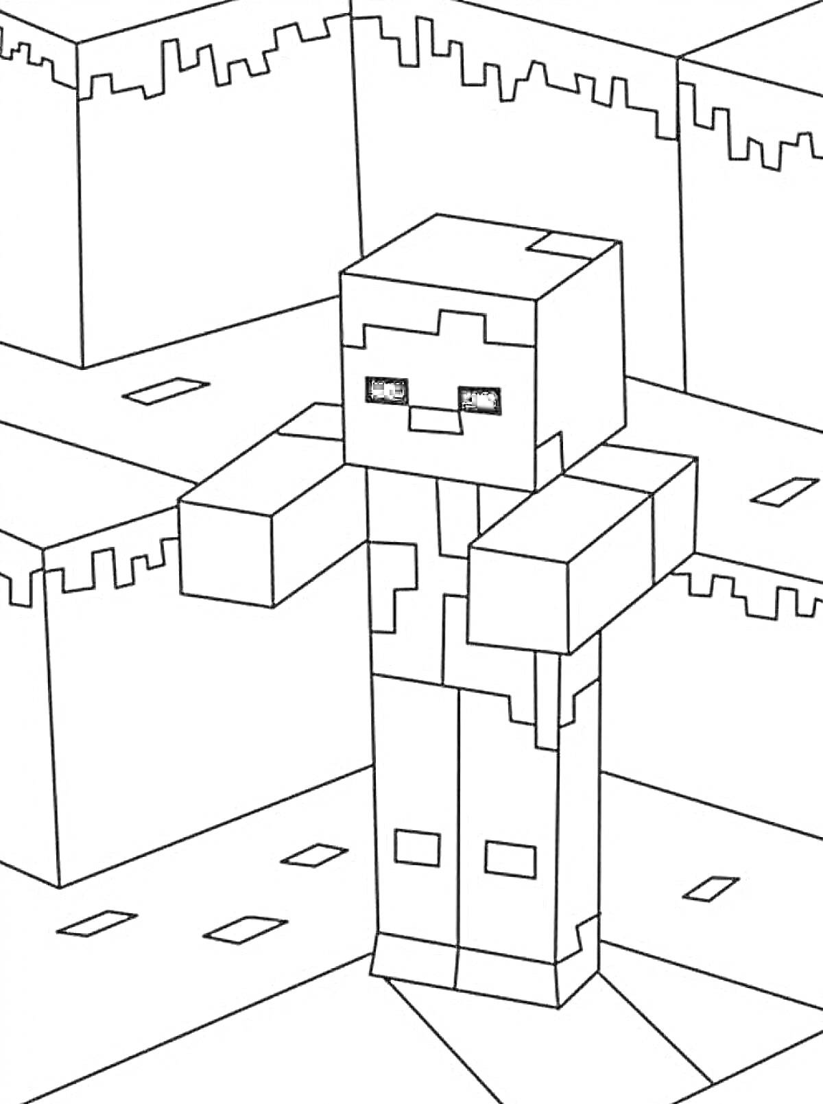 Раскраска Персонаж майнкрафт в кубическом мире лего