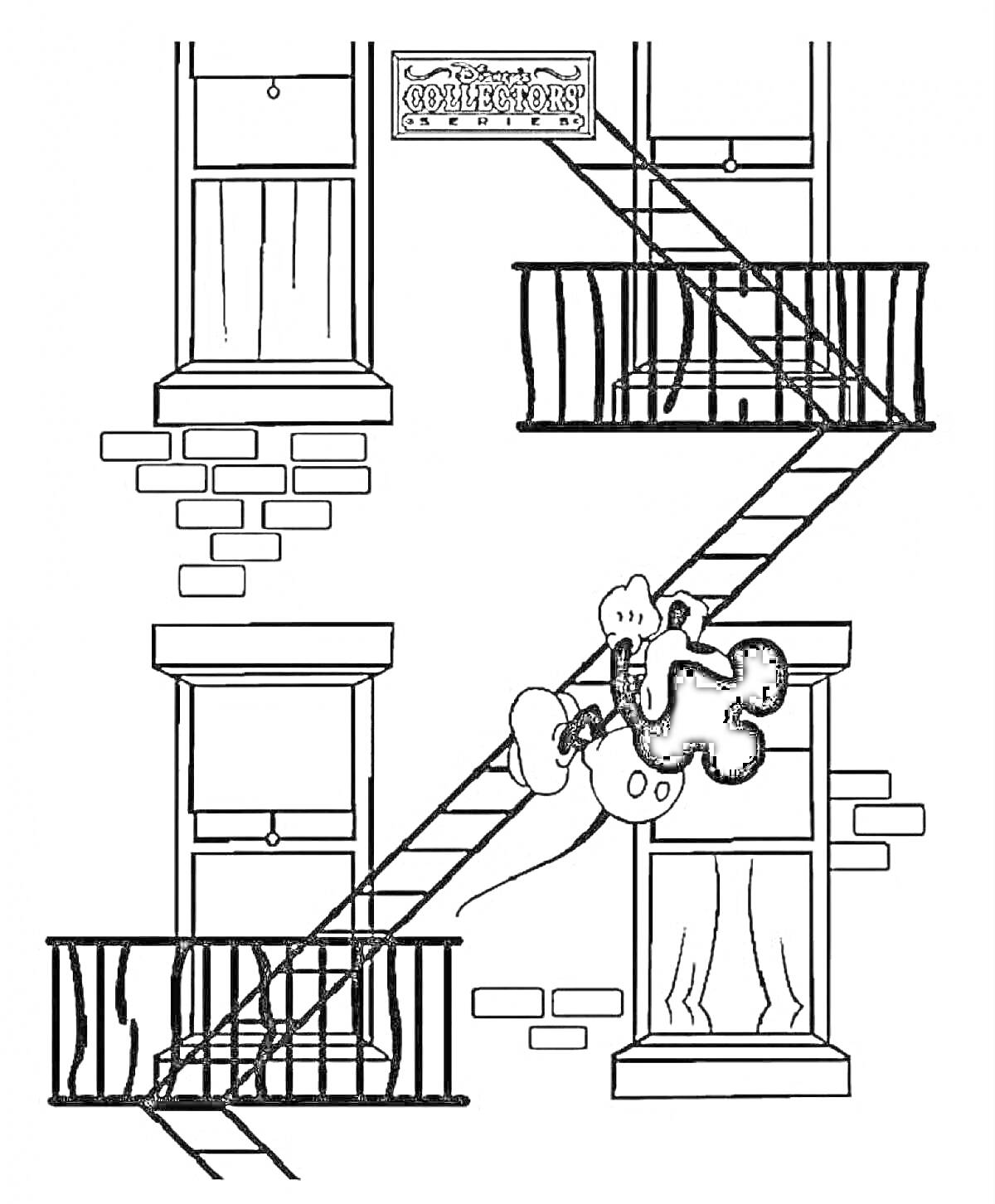 Микки Маус на наружной лестнице возле окон кирпичного дома