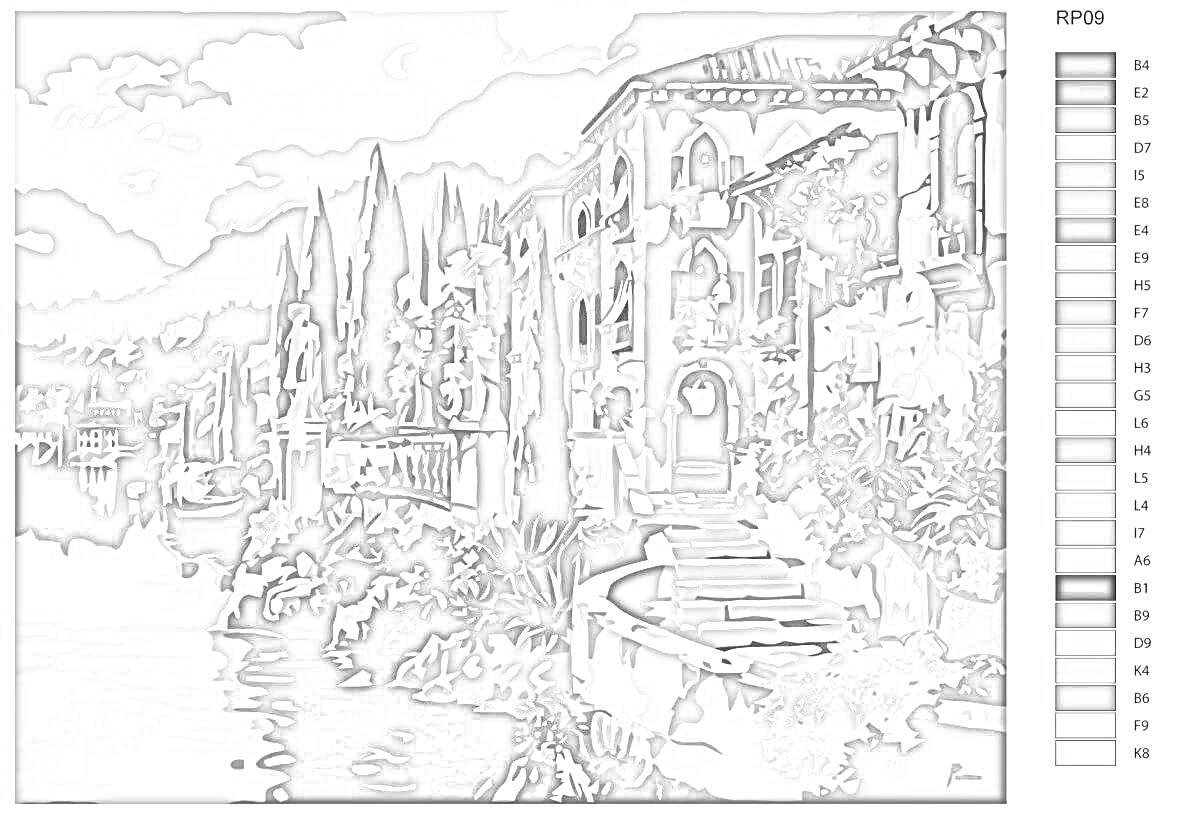Раскраска Городской пейзаж с горной деревней на берегу реки, старинные здания с арками и балконами, скульптуры, деревья, растительность.