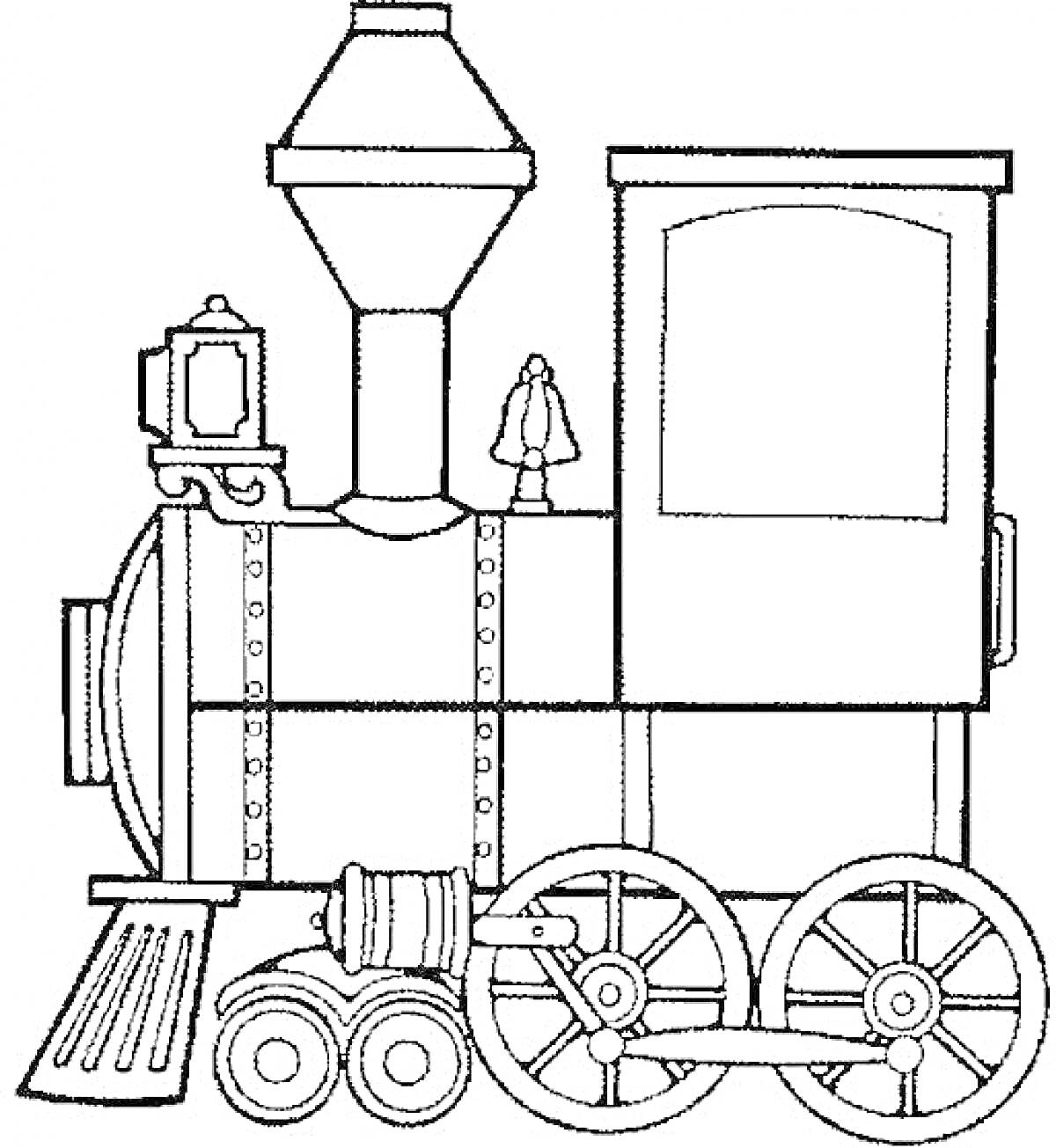 Раскраска Паровоз с трубой, котлом, кабиной машиниста, колесами и фонарем