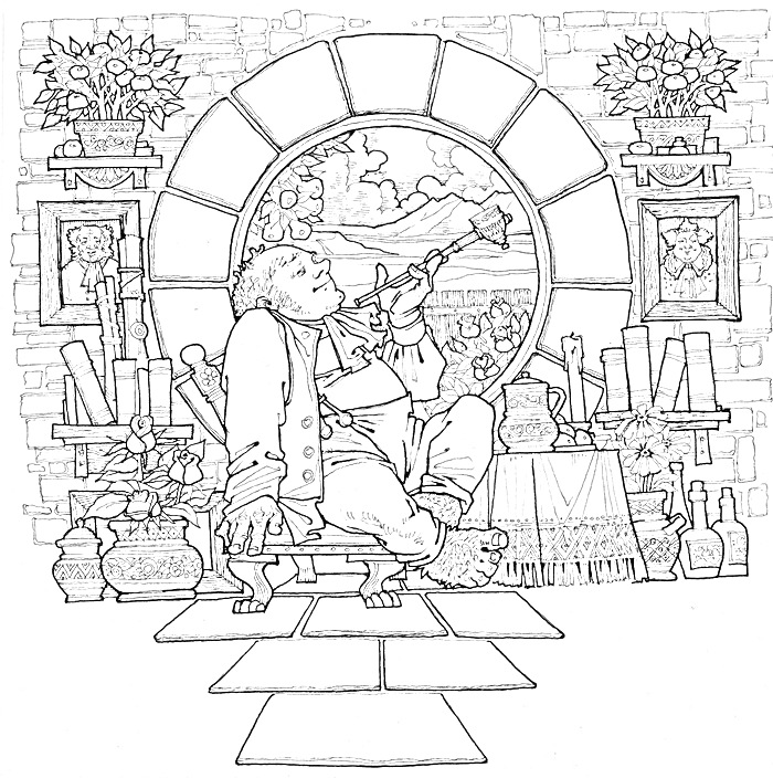  Хоббит курит трубку в кресле, рядом столик с книгами, бутылками и свечами; полки с растениями и книгами; большое круглое окно с видом на природу