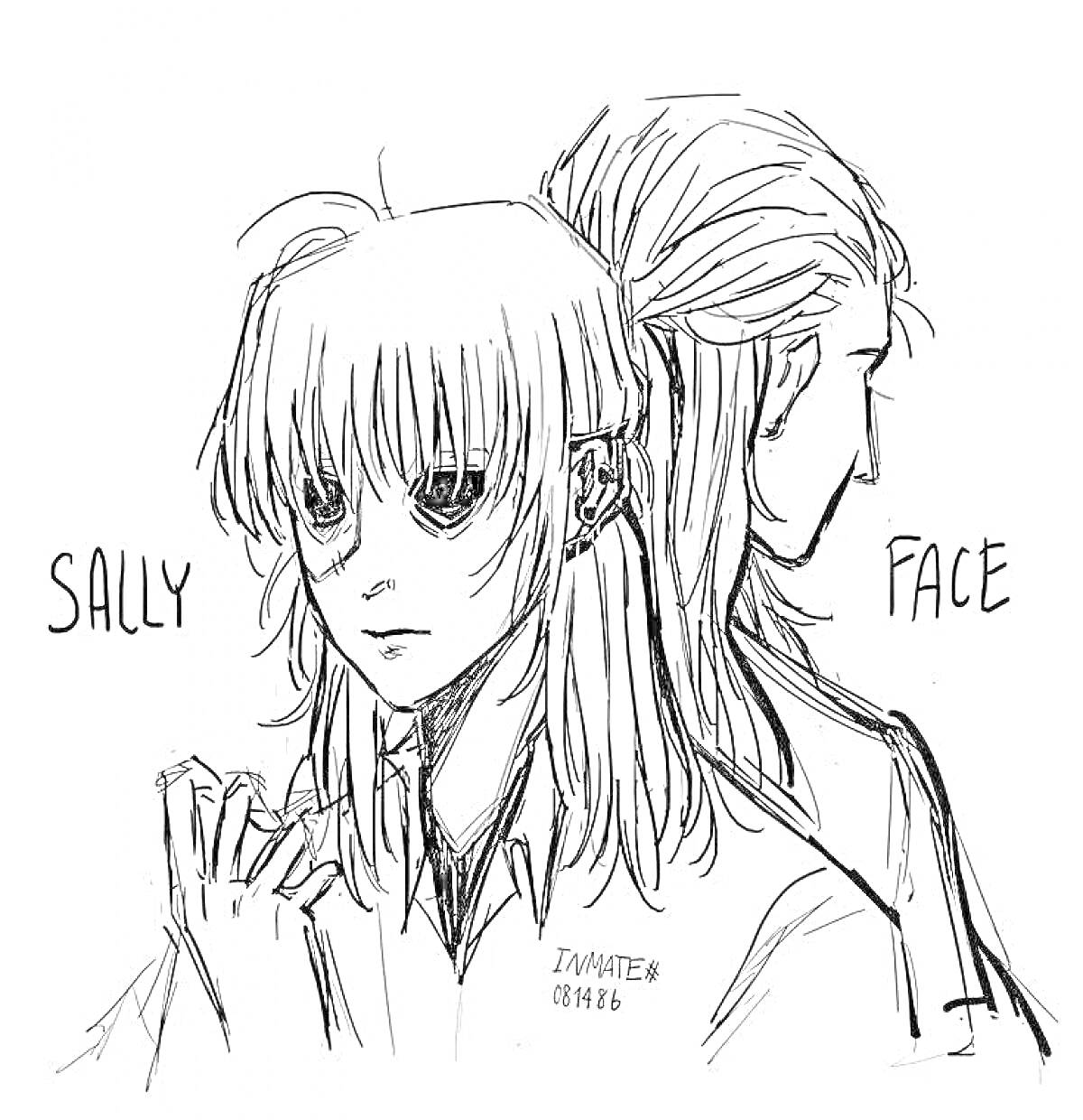 Раскраска Салли Фейс со связанными волосами и длинноволосый персонаж сзади