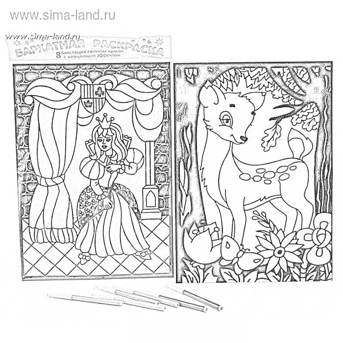 Раскраска Принцесса возле окна с занавесками и олененок в лесу с цветами