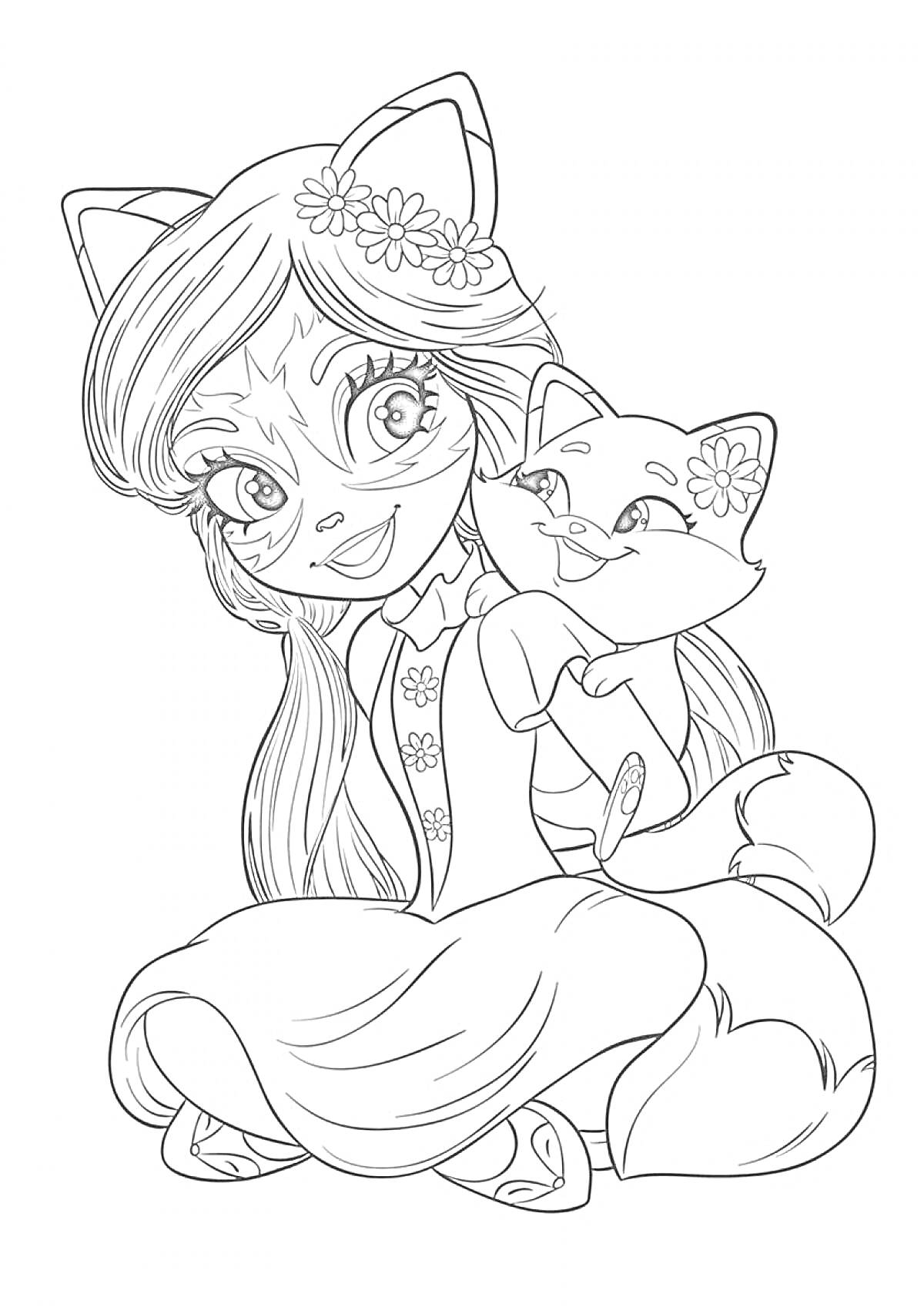 Раскраска Энчантималс с цветами в волосах, сидящая девочка-кошечка с котенком
