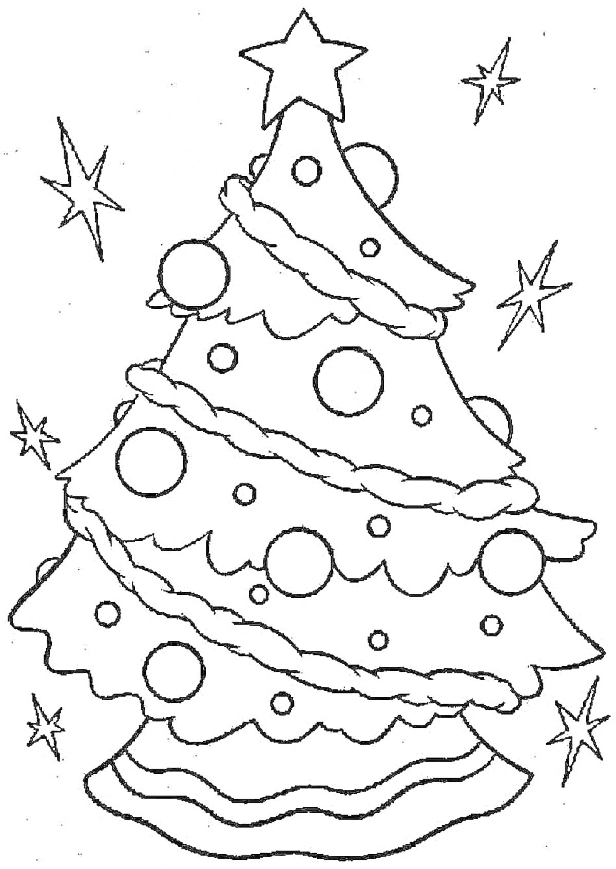 На раскраске изображено: Новогодняя елка, Звезды, Новогодние украшения, Новый год
