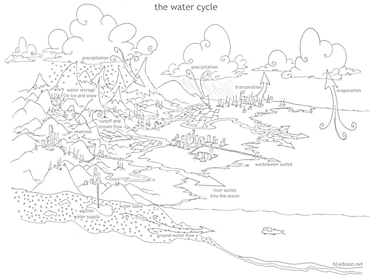 Раскраска круговорот воды в природе (горы, облака, озера, реки, флора, дома, водоемы, рыбы, почва, подземная вода, устья рек)