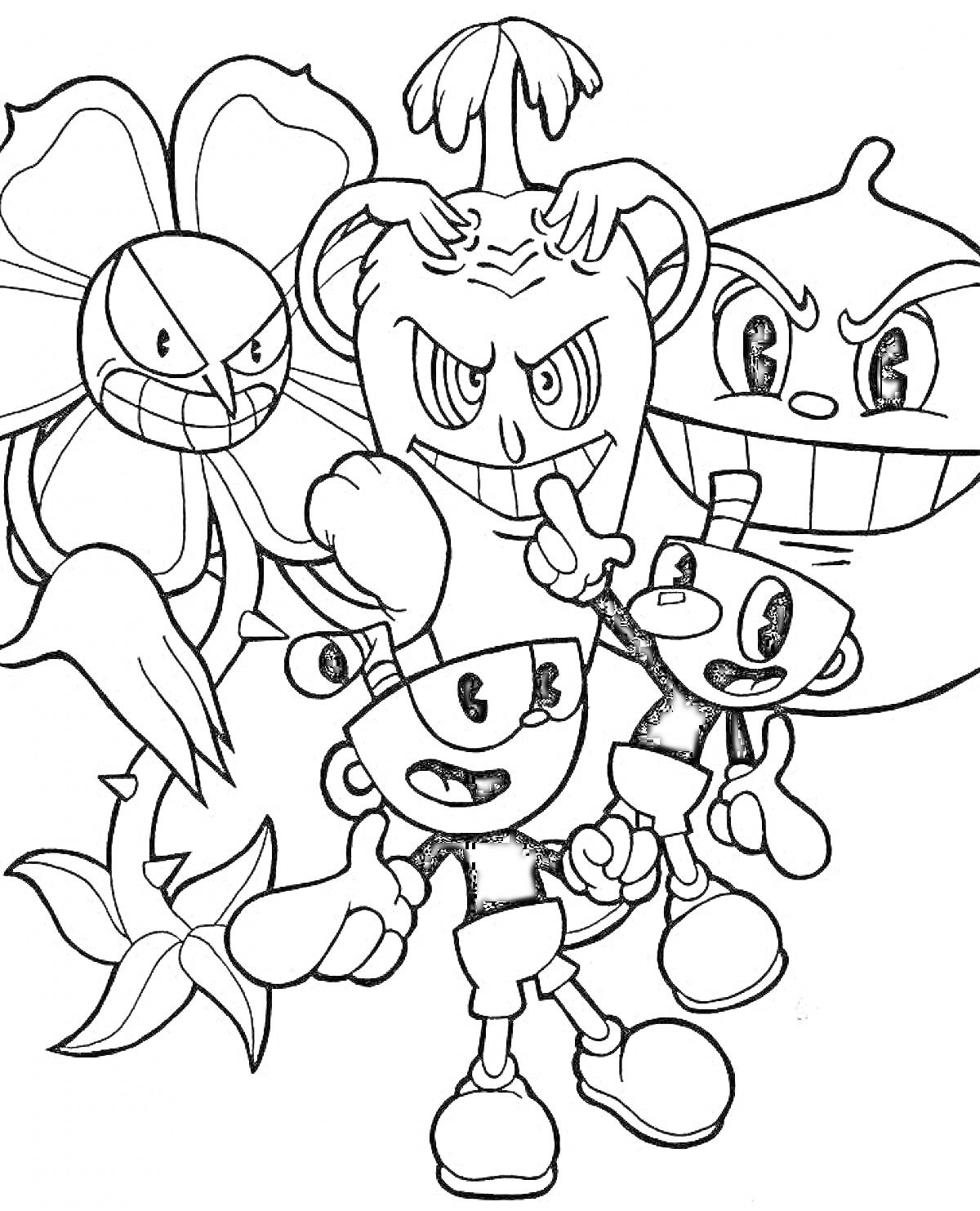 Раскраска Cuphead персонажи с боссами - цветок, луковица, картофель, Cuphead и Mugman