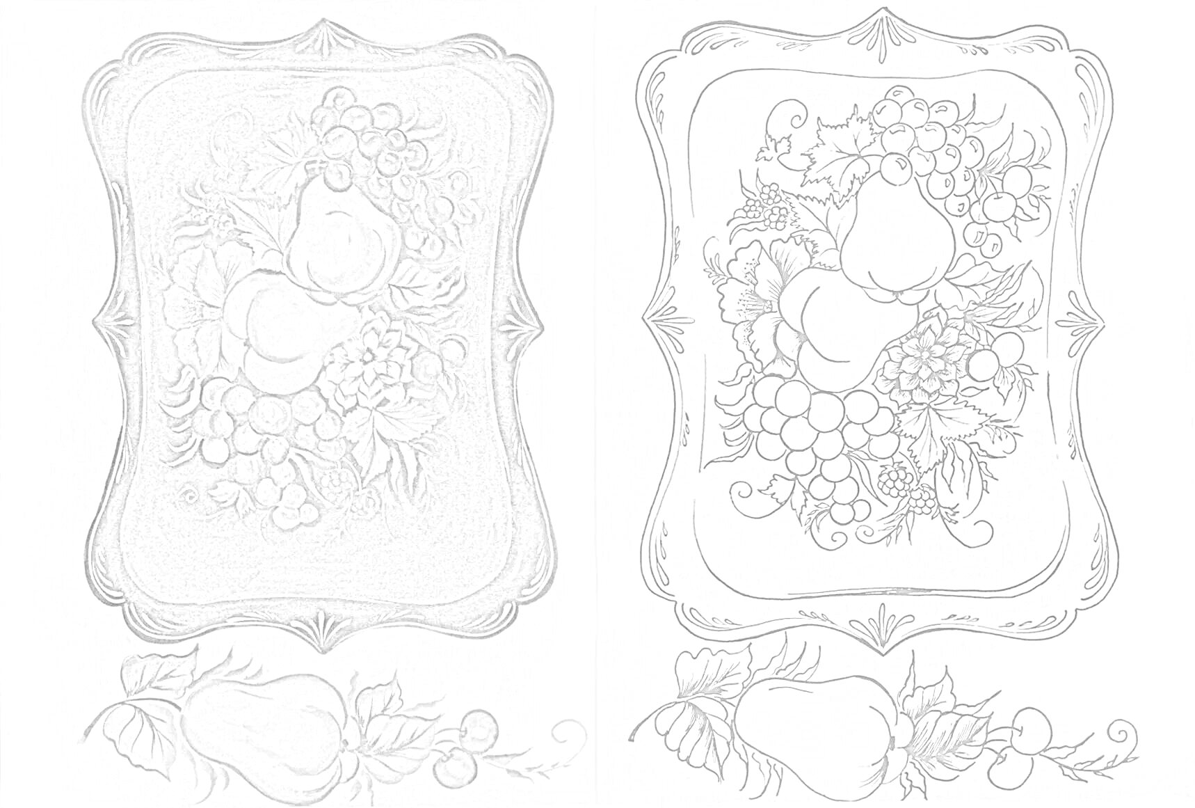 Раскраска Палехская раскраска с фруктами. Составные элементы: груша, виноград, цветы, ягоды, виноградная лоза, декоративная рамка