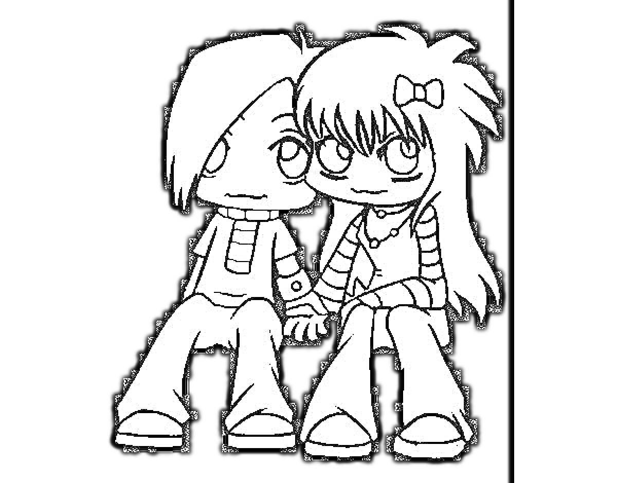 На раскраске изображено: Эмо, Два персонажа, Длинные волосы, Полосатые рукава, Держатся за руки