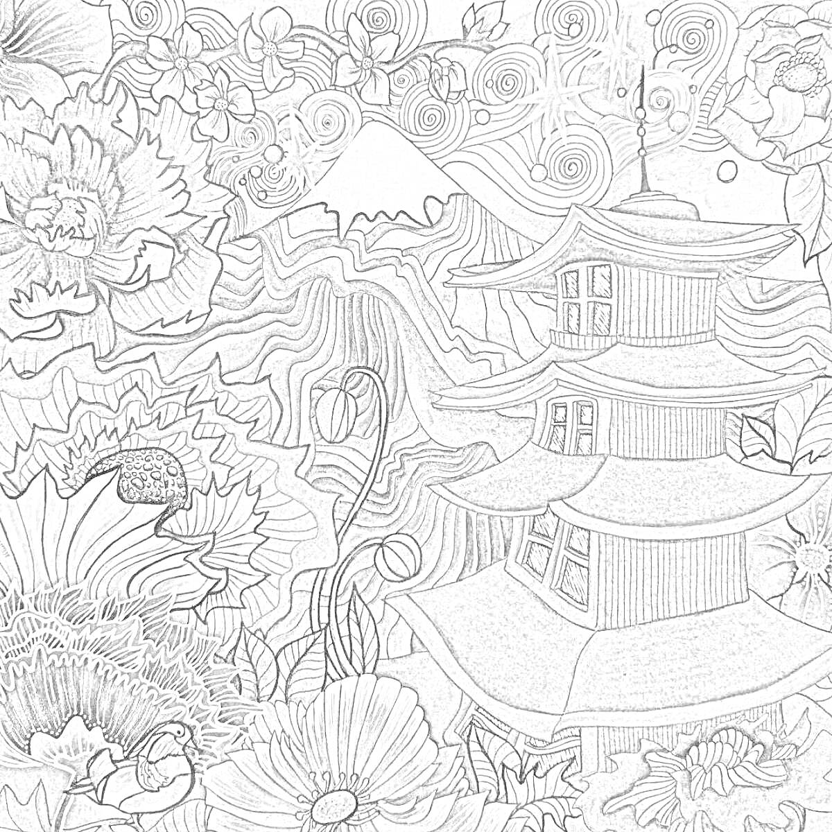 На раскраске изображено: Пагода, Природа, Гора Фудзи, Звезды, Цветы, Волны, Магия, Пейзаж, Япония