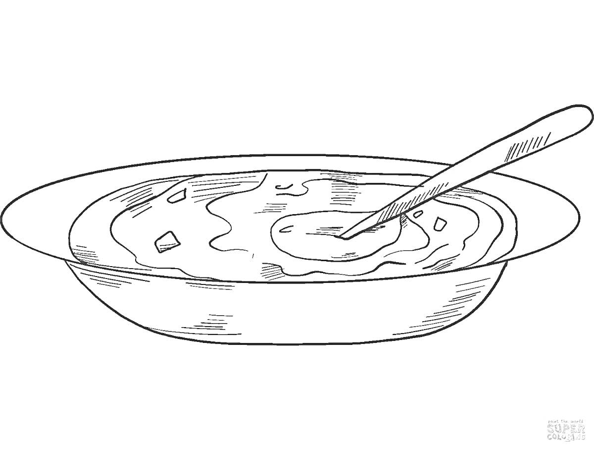 На раскраске изображено: Суп, Тарелка, Ложка, Еда, Обед, Овощи, Жидкость, Столовые приборы