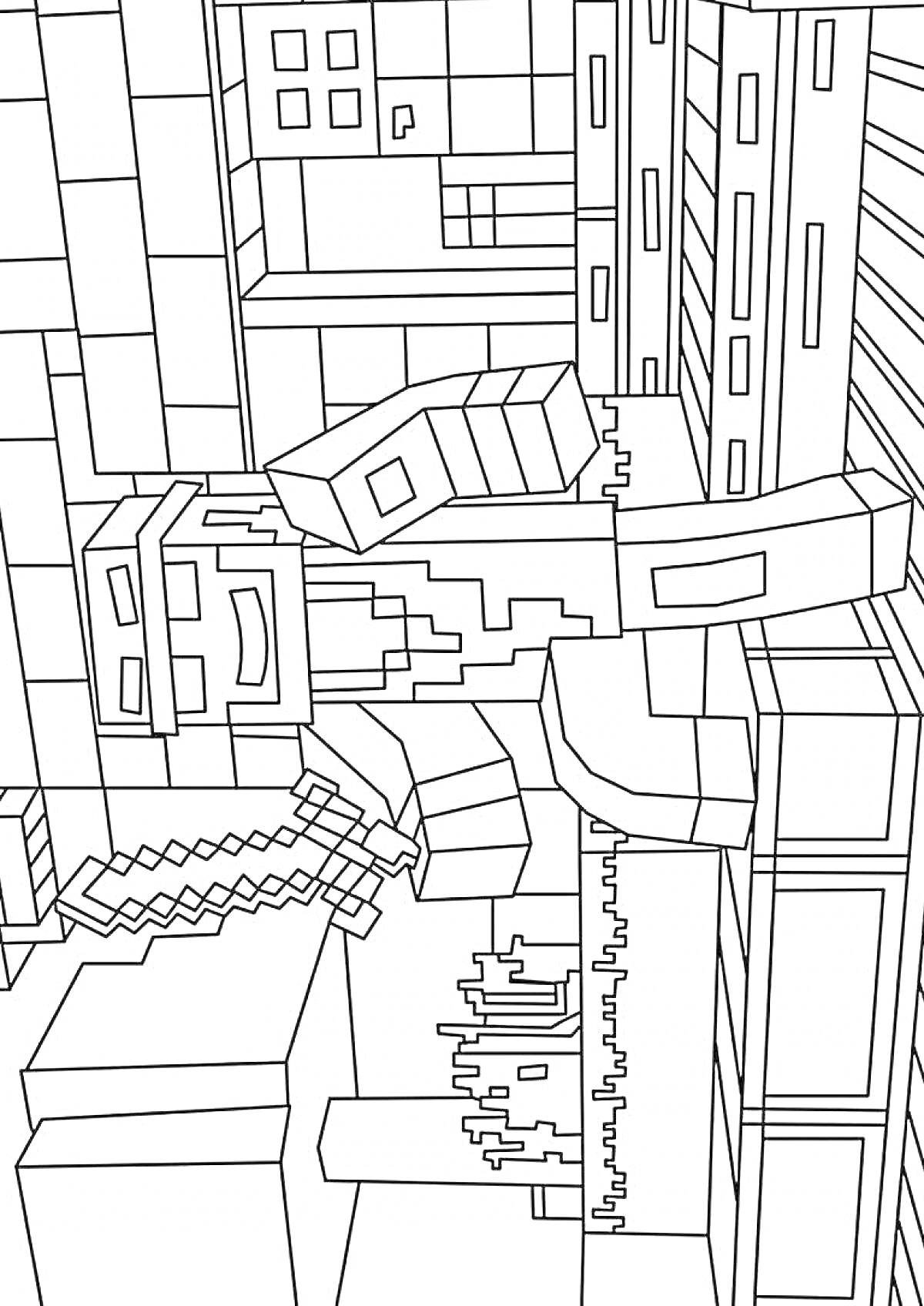 Раскраска Персонаж с мечом возле дома в стиле Майнкрафт, с элементами архитектуры и окружающей среды из блоков