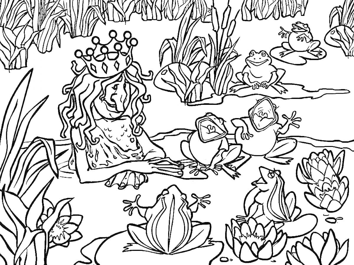 На раскраске изображено: Кикимора, Пруд, Лягушки, Корона, Кувшинки, Природа, Болото, Сказочные персонажи