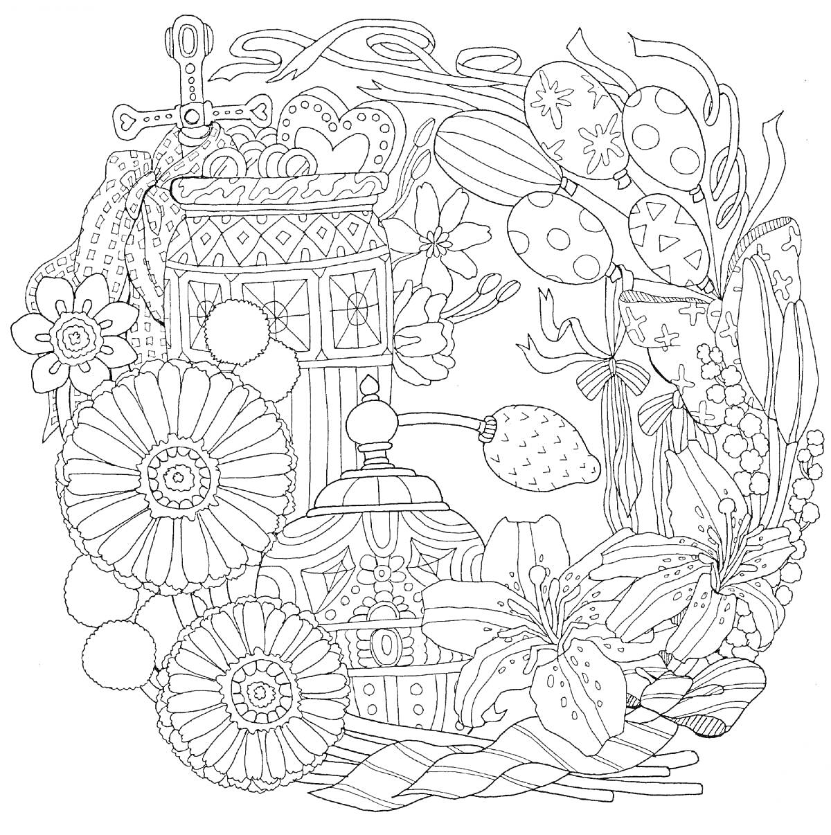Раскраска Пасхальный венок с лампой, яйцами, цветами и лентами