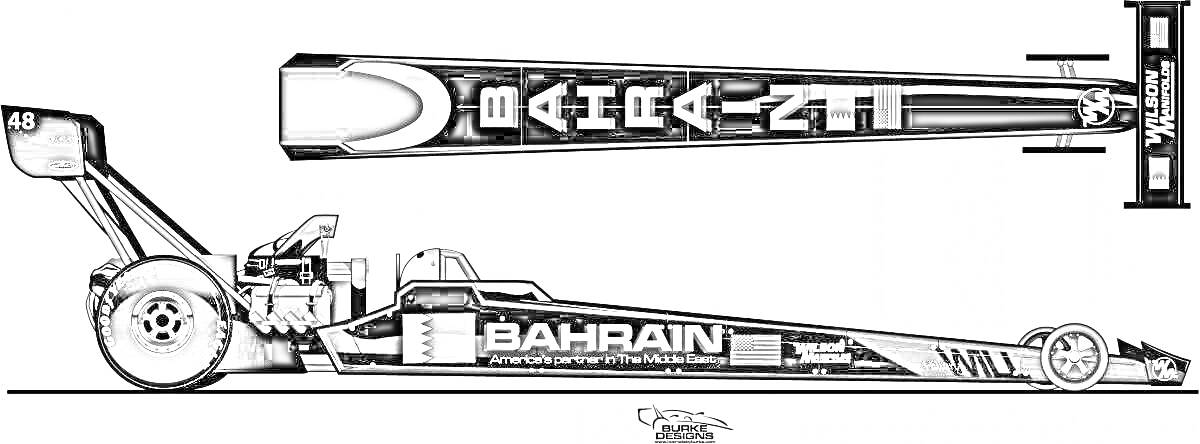 Раскраска драгстер Bahrain-2.1 с логотипами, задним крылом и передним антикрылом