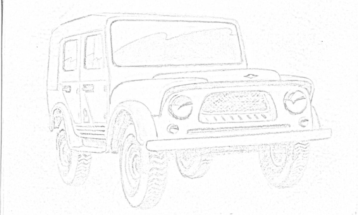 Раскраска УАЗ 469 с деталями кузова, фарами и решеткой радиатора