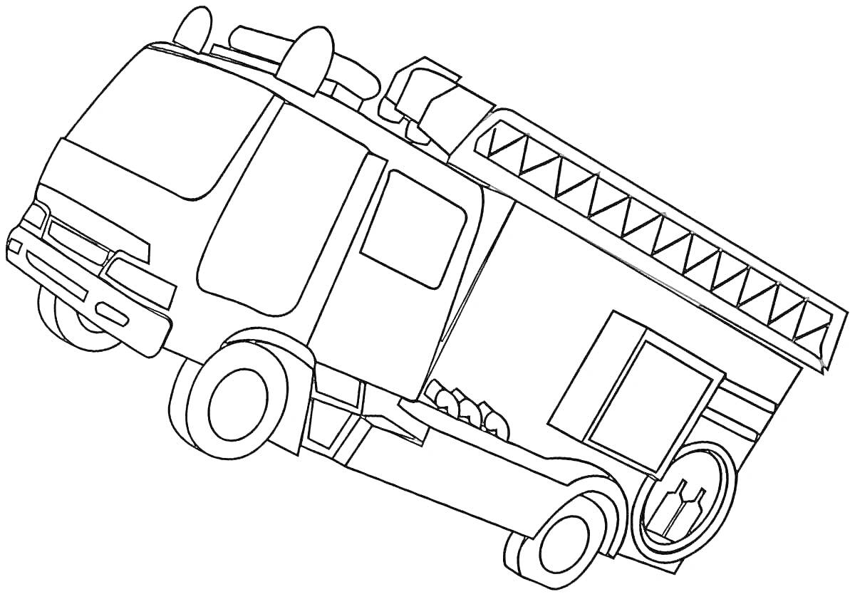 На раскраске изображено: Пожарная машина, МЧС, Лестница, Колёса, Спасательное оборудование