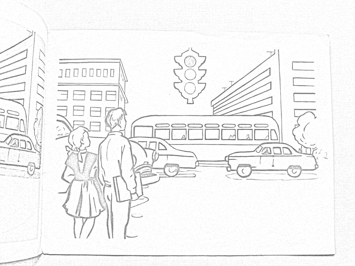 Раскраска Люди переходят дорогу на светофоре в городе с автобусами и автомобильным движением