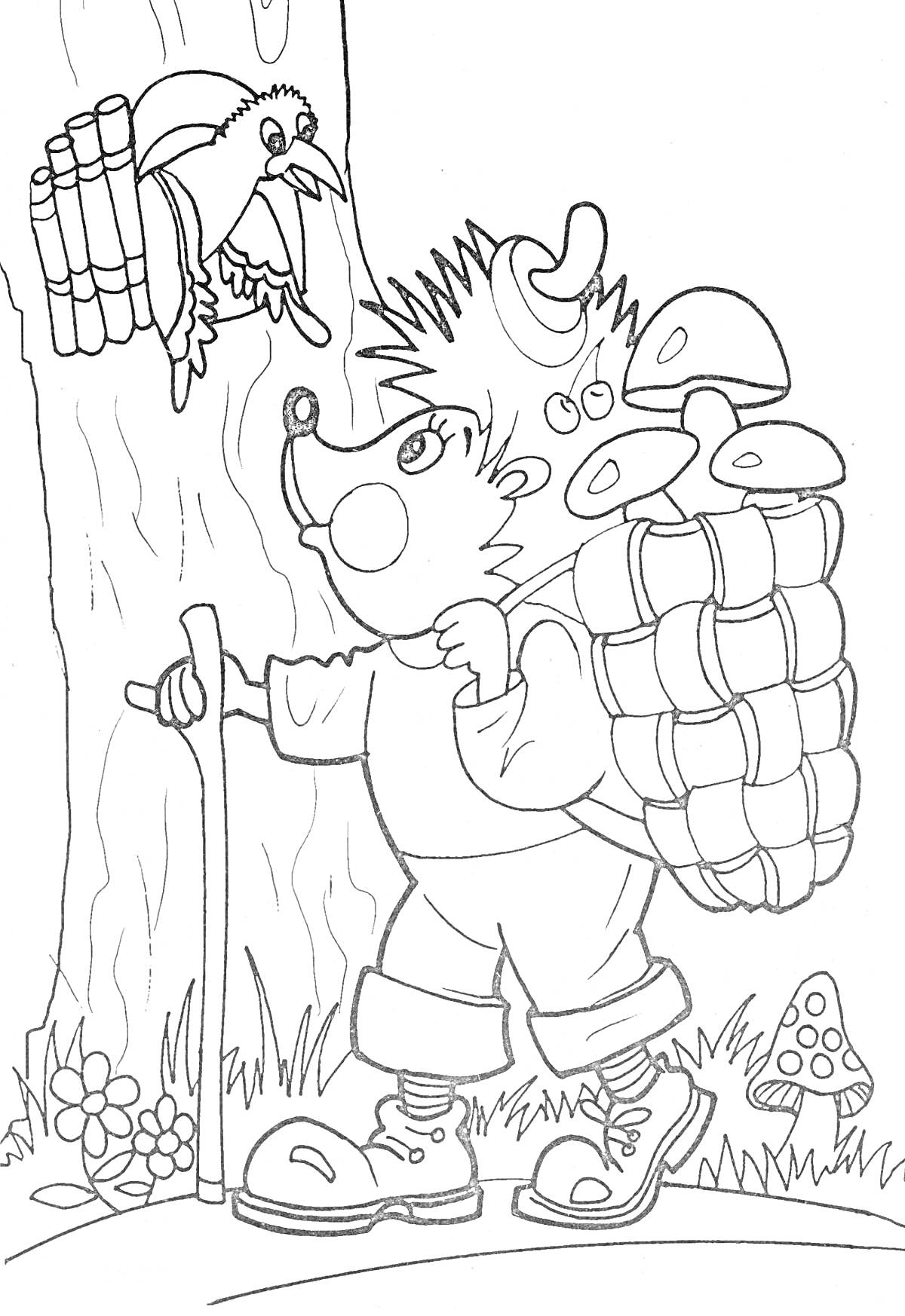 Раскраска Ежик с грибами в корзине, стоящий у дерева, разговаривает с птицей на ветке. Рядом ногами растут грибы.