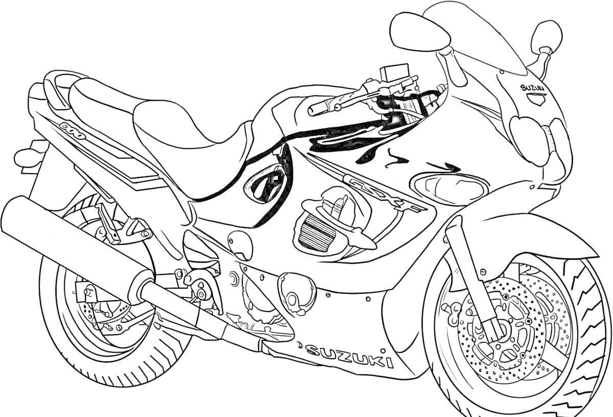 Раскраска Мотоцикл с двумя колёсами и деталями двигателя