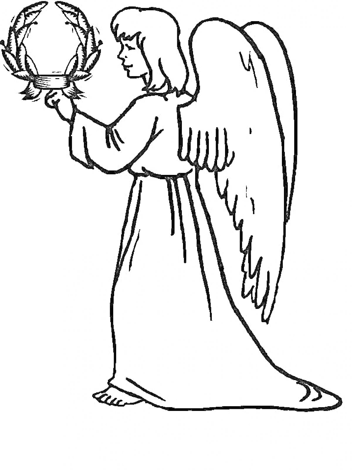 На раскраске изображено: Ангел, Крылья, Венок, Церковь, Религия, Мир, Для детей