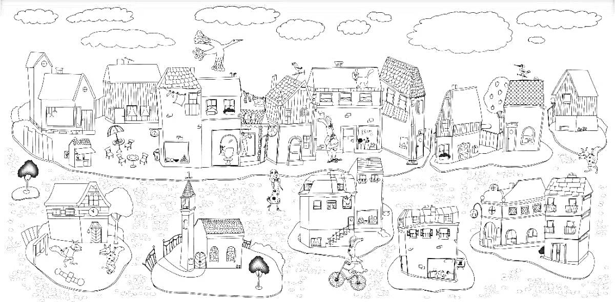 Раскраска Виды городского поселения с домами, магазином, парком, церквью, деревьями, машинами и пешеходами.